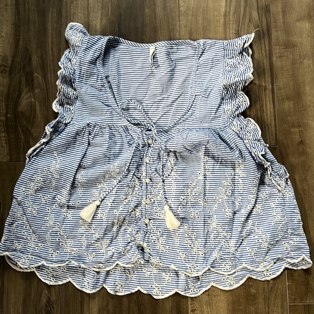 Zara TRF collection top in blue and white stripe with ruffle sleeves/embroidery